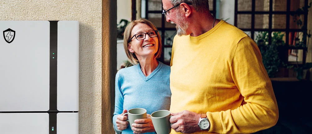 Couple standing near a stylish home energy storage unit, highlighting the comfort and sustainability of solar battery solutions.