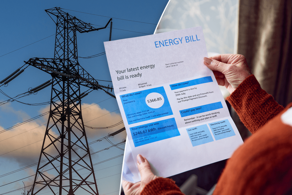 Person holding high energy bill with power lines in the background, highlighting rising electricity costs.