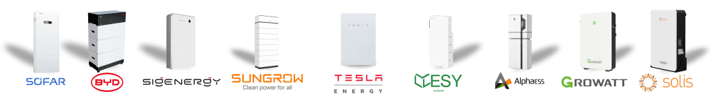 Cheaper Home Batteries Program including Sofar, BYD, Sigenergy, Sungrow, Tesla Energy, ESY SunHM, AlphaESS, Growatt, and Solis, displayed side by side.