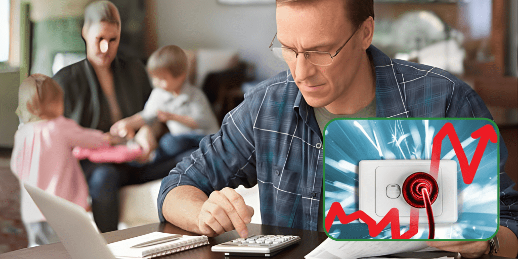 man at table with calculator and family in background